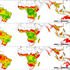 Current suitability for growing rainfed bananas (top) and projected suitability in 2020 (middle) and 2050 (bottom). Suitability is highest in the dark green areas and lowest in the red ones. White areas are unsuitable.